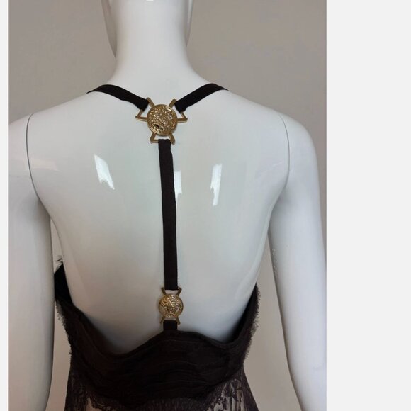 VERSACE 2005 Vintage Runway Espresso Brown Silk Dress Gold Medusa Lace - Picture 6 of 7